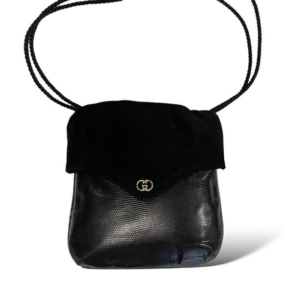 GUCCI Vintage Suede & Lizard Crossbody Bag with GG Motif - Picture 7 of 14